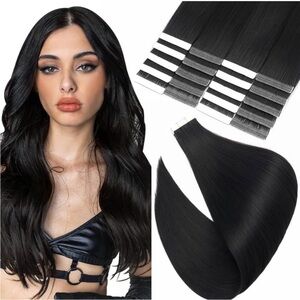 Jet Black Remy Human Hair Seamless Invisible 16” Tape In Hair Extensions